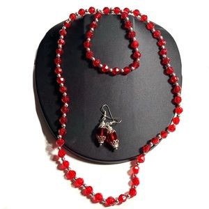 Festive Red Necklace Stretch Bracelet & Dangle Earrings Set Great Holiday Gift